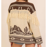 LUMIERE LADIES HORSE PRINTED OPEN CARDIGAN W/ FRINGE BACK VIEW