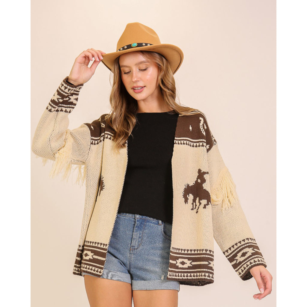 LUMIERE LADIES HORSE PRINTED OPEN CARDIGAN W/ FRINGE