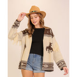 LUMIERE LADIES HORSE PRINTED OPEN CARDIGAN W/ FRINGE