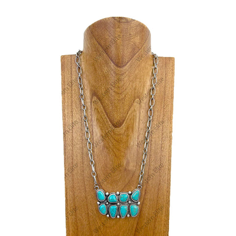 Full view of Turquoise Stone Cluster Bar Necklace 