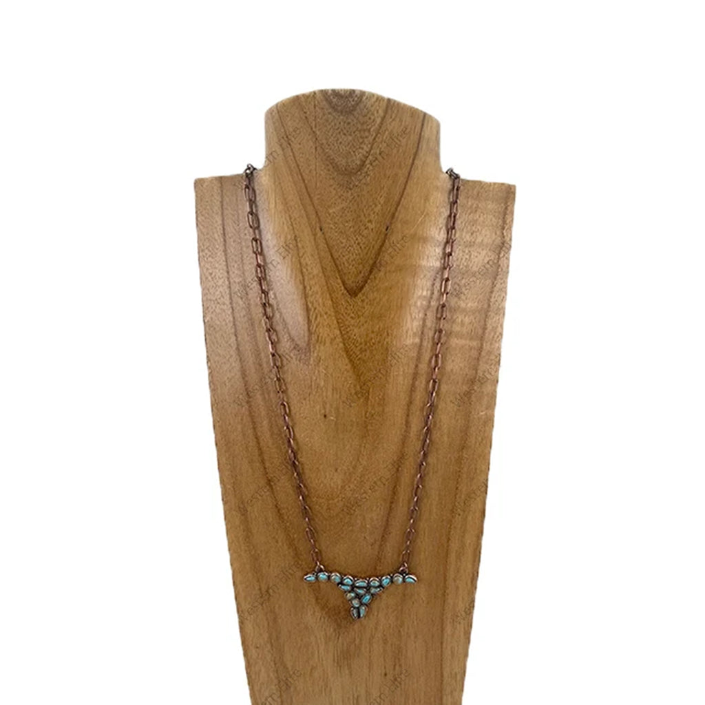 Full view of Bronze & Turquoise Stone Longhorn Necklace 