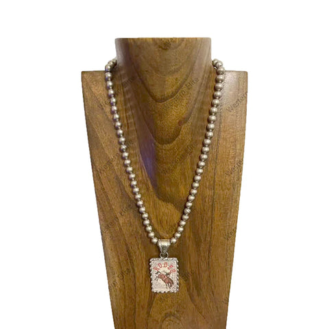 Full view of Small Red Rodeo Cameo Pearl Necklace 