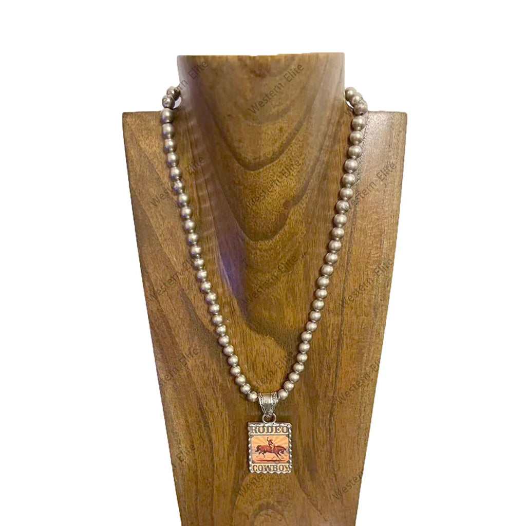 Full view of Small Rodeo Cowboy Cameo Pearl Necklace 
