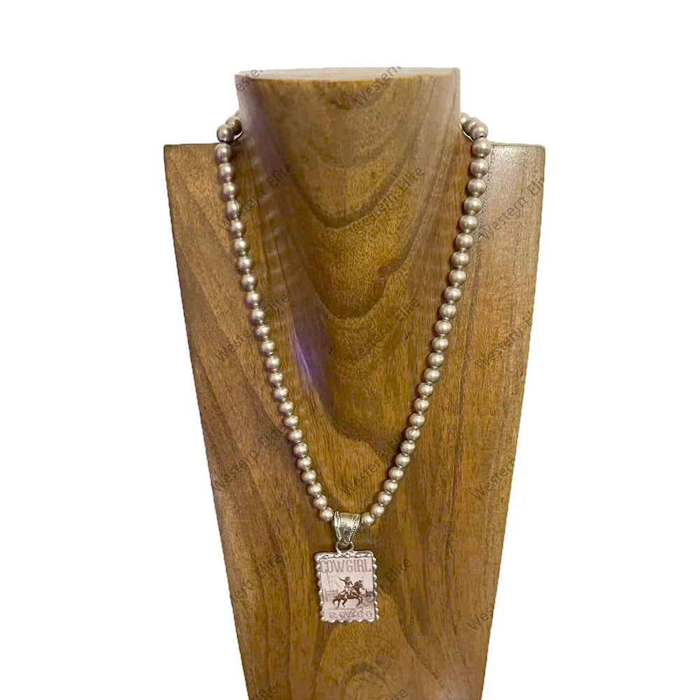Full view of Large Black & White Cowgirl Rodeo Cameo Pearl Necklace 