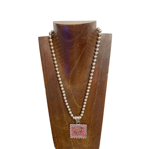 Medium Red Rodeo Bronc Cameo Pearl Necklace