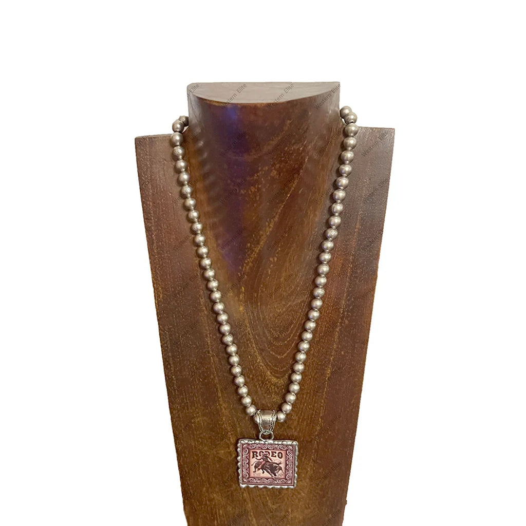 Full view of Medium Rodeo Bull Rider Cameo Pearl Necklace 