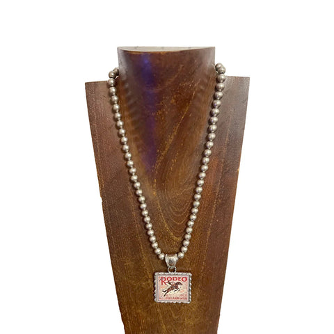 Full view of Medium Vintage Rodeo Bronc Cameo Parl Necklace 