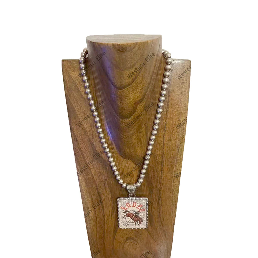 Full view of Large Red Rodeo Cameo Pearl Necklace 