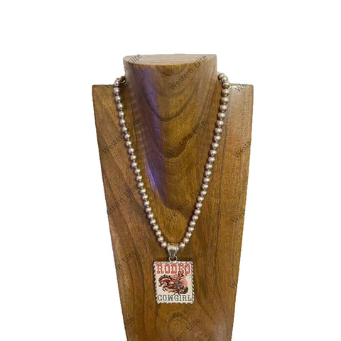 Full view of Large Vintage Rodeo Cowgirl Cameo Pearl Necklace 