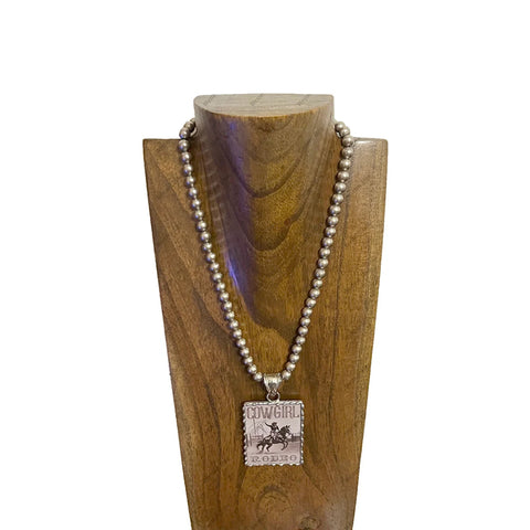 Full view of Large Black & White Cowgirl Rodeo Cameo Pearl Necklace 