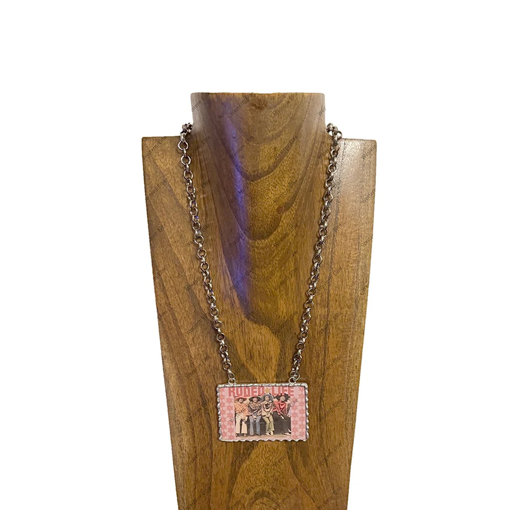 Full view of Small Pink Rodeo Life Picture Chain Necklace 