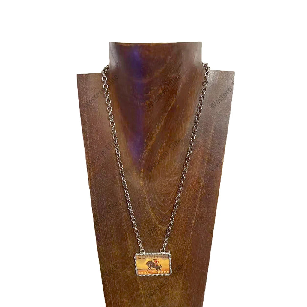 Full view of Small Cowgirl Ride Free Cameo Chain Necklace 