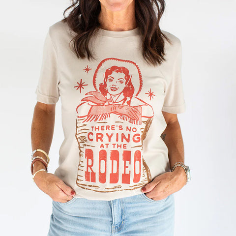 women's white & red short sleeved t shirt with no crying at the rodeo graphic on the front