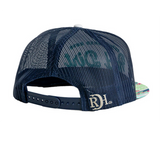 Red dirt tan logo on navy blue meshing in back snapback 