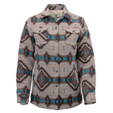 Light brown and turquoise Aztec jacket with snap buttons and bold geometric Western print