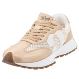 Front and side view of gold sneakers. 