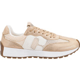 Full outside side view of gold sneakers. 