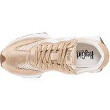 Top side view of gold sneakers. 