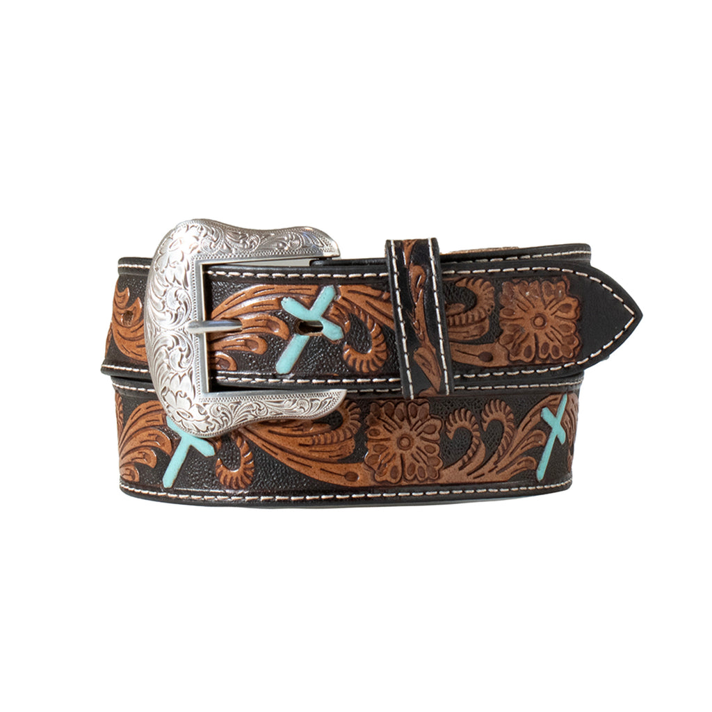 Nocona Men's Tooled Turquoise Cross Belt-Front