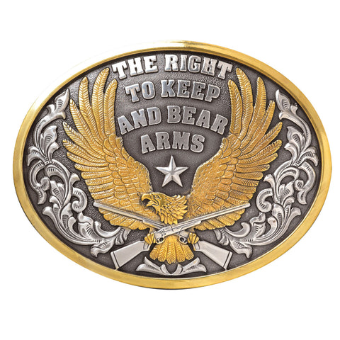 Nocona Oval Bear Arms Buckle with bold Western styling and patriotic eagle design on white background.