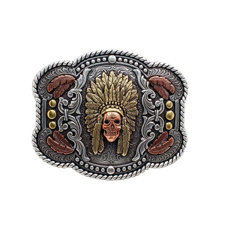 front view of Nocona Men's Rectangle Rope Edge Feather Skull Chief Buckle 