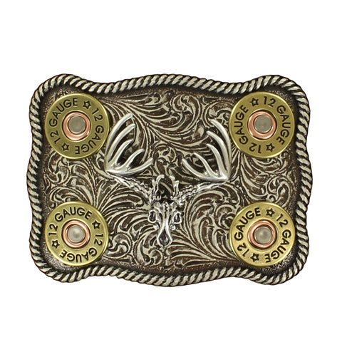 Decorative belt buckle with deer design and bullet casings