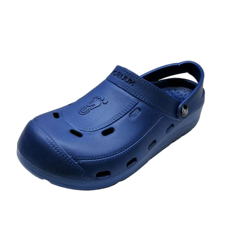 Side view of single blue clog. 