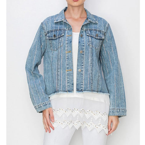 Denim Jacket with Rhinestone Stripes - Front