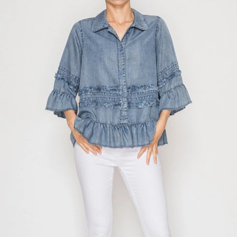 Lightweight Chambray Ruffle Detailed Jacket