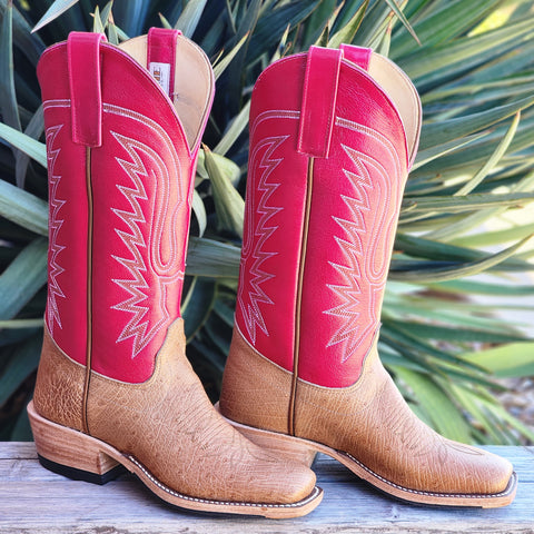 Brandy Bruciato Ostrich boot with a magenta top.