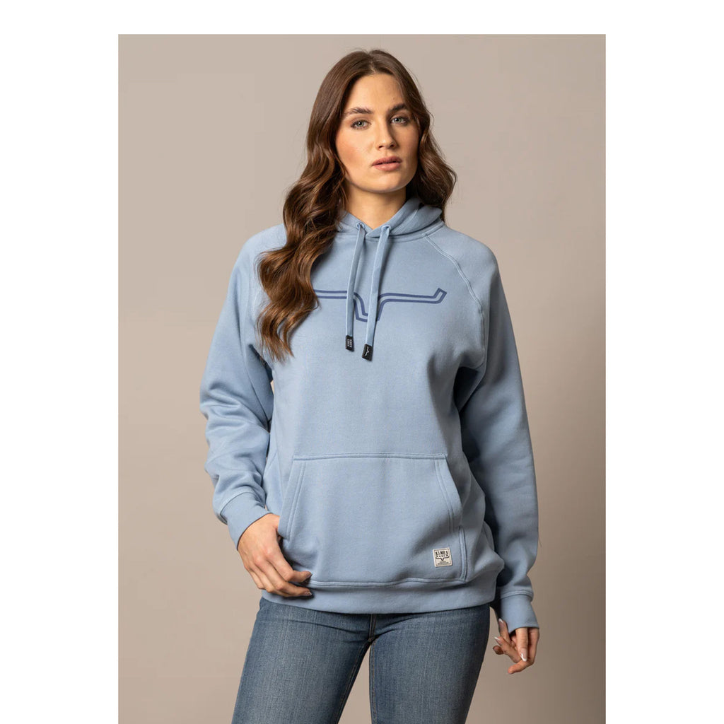 Kimes Ranch women's carbon blue sweatshirt with dark blue embroidered horns on front