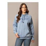 Kimes Ranch women's carbon blue sweatshirt with dark blue embroidered horns on front
