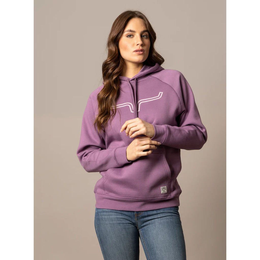 Kimes ranch women's lilac colored hoodie with white steer horn on front