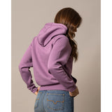 Kimes ranch women's lilac colored hoodie with white steer horn on front-back view