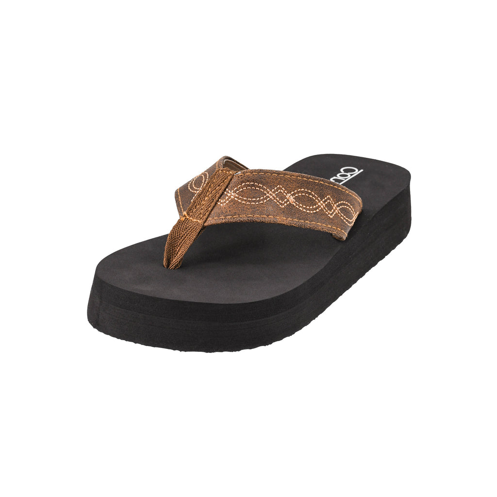 Saddle Boot Stitch Flip Flops on a white background with Western stitched straps.