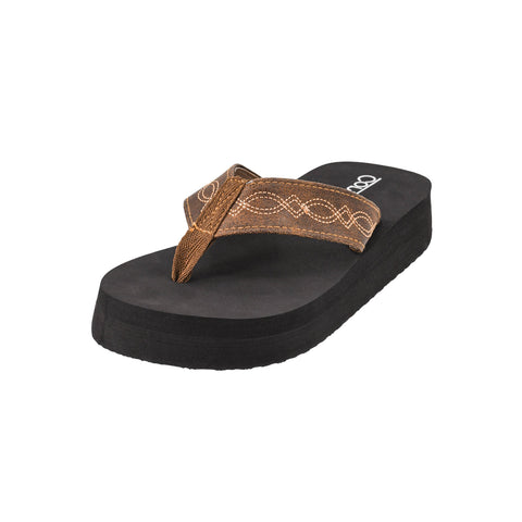 Saddle Boot Stitch Flip Flops on a white background with Western stitched straps.
