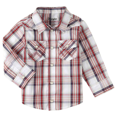 Wrangler Boy's Red/White/Grey Plaid Snap Shirt
