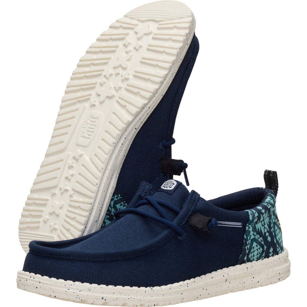 Side and bottom view of both Navy Teton Jacquard Wally Funk Shoes