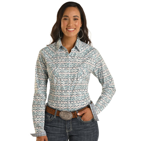 Panhandle Women's White & Blue Aztec Print Shirt