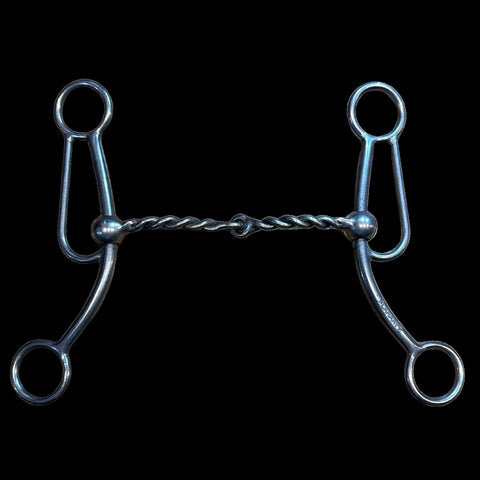 Patty shank bit with twisted wire mouthpiece on black background.