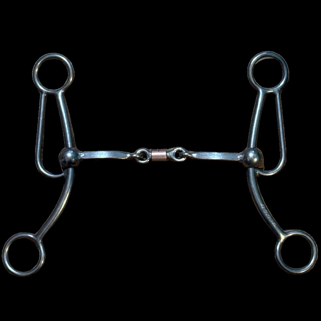 Patty shank bit with square dogbone mouthpiece on black background.
