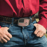 Front view of PBR American Flag Belt Buckle with American Flag designs and the PBR logo in the bottom left corner.
