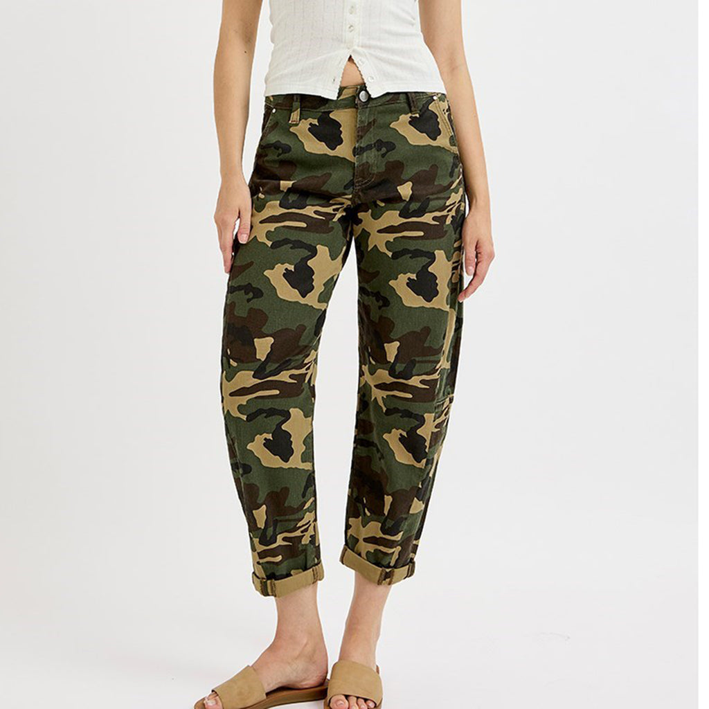 Camo printed barrel jeans with a small cuff on the bottom. 
