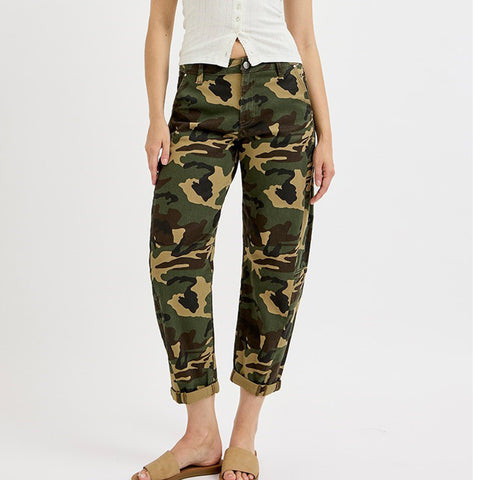 Camo printed barrel jeans with a small cuff on the bottom. 