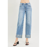 Female model wearing Light High Rise Crop Cuff Jeans, front view.