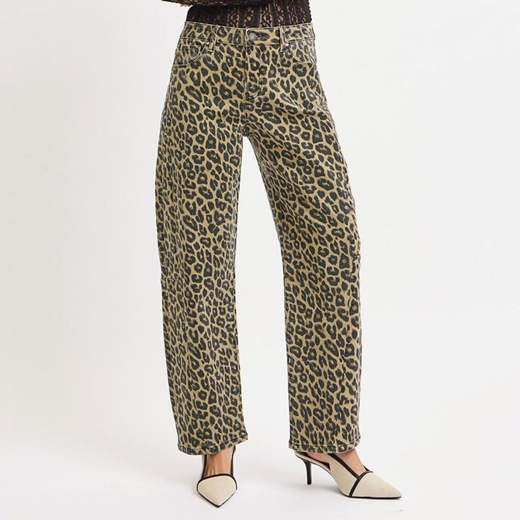 Leopard print slouch barrel jeans. 