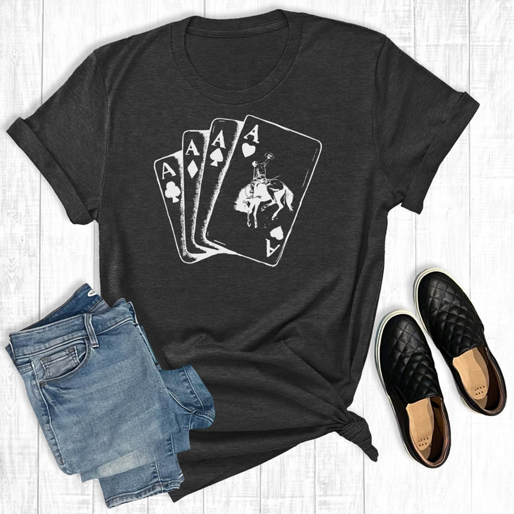 women's black t-shirt with playing cards on front with bronc rider on cards