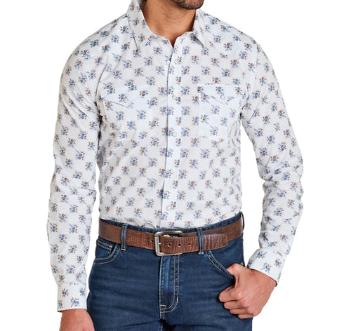 White long sleeve pearl snap shirt with light blue floral print and double chest pockets. 