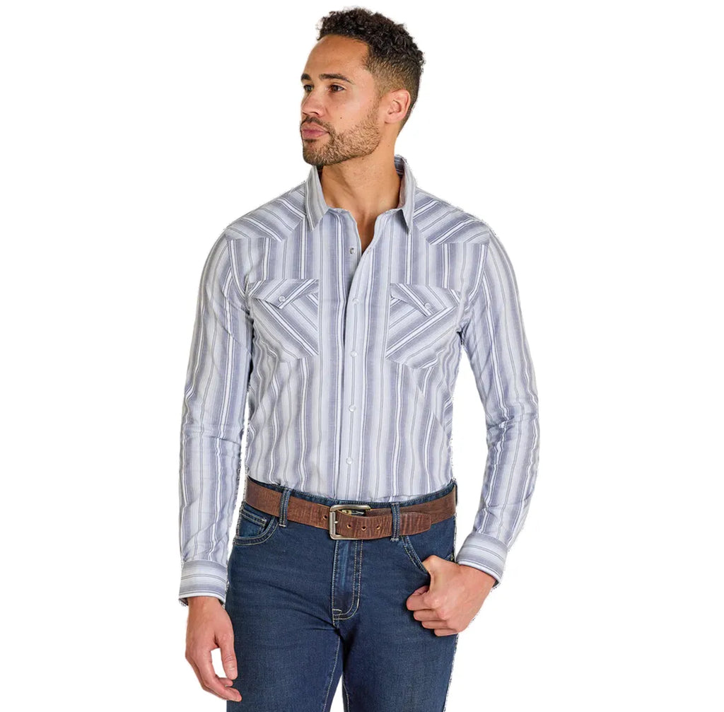Light blue and grey long sleeve button down shirt with double chest snap pockets. 
