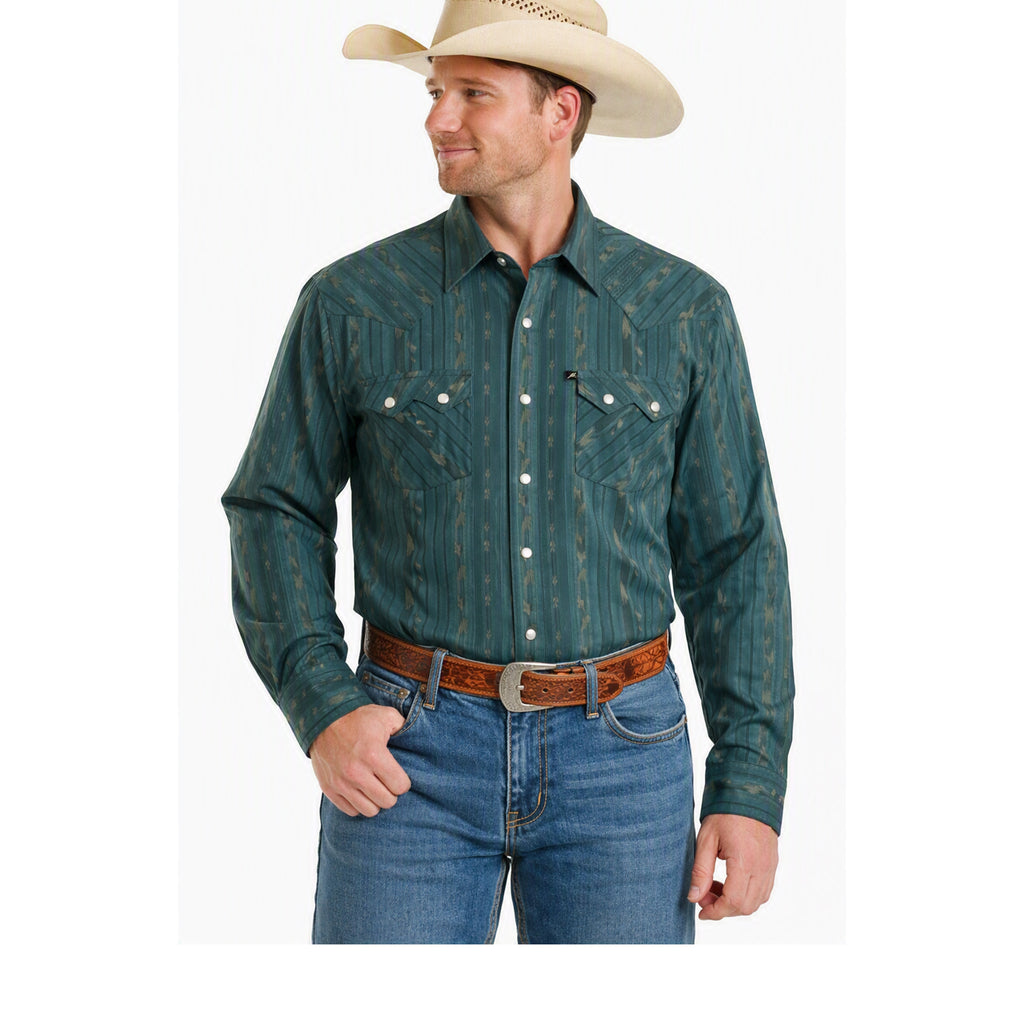 Men's teal long sleeve shirt with sawtooth pockets